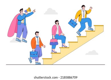 Leader support to achieve target, manager develop career path or guide improvement plan, growth or progress concepts. Businessman boss hero shout using megaphone to lead team walk up to success.