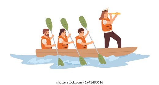 Leader and team of employees rowing in boat toward corporate goal. Concept of strategy, leadership, teamwork and collaboration in business. Flat vector illustration isolated on white background