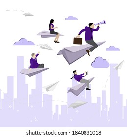 Leader with team fly to goal. Vector innovation and opportunity, rise challenge concept, woman and man trying successful illustration. Businesman seek to goal, make effort