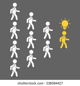 Leader Of Team With Idea. Leadership Business Concept With Crowd Following Behind Their Leader. Vector Teamwork Color Illustration.