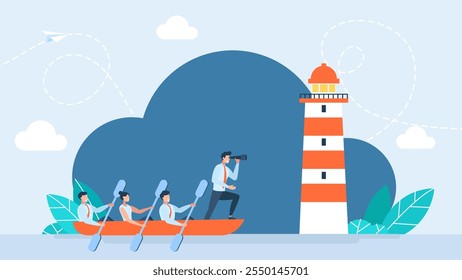 Leader with team sailing on boat. Guiding market strategy, navigation, strategic foresight. Lighthouse points  way to profit and success. Global vision. Search ideas for business. Vector illustration