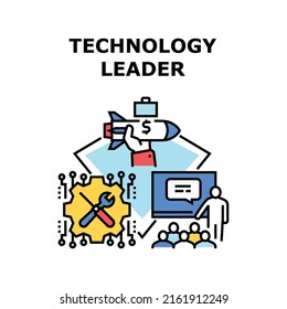 Leader Technology Vector Icon Concept. Leader Technology Developing And Manufacturing, Manager Presentation New Gadget In Conference Room. Rocket Bomb Manufacture Color Illustration