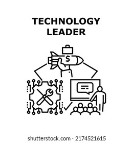 Leader Technology Vector Icon Concept. Leader Technology Developing And Manufacturing, Manager Presentation New Gadget In Conference Room. Rocket Bomb Manufacture Black Illustration