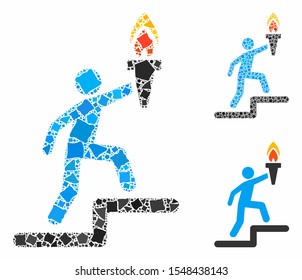 Leader with torch composition of abrupt items in different sizes and color hues, based on leader with torch icon. Vector tuberous items are grouped into composition.