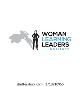 Leader training company logo design with using woman icon standing with her shadow as if a hero