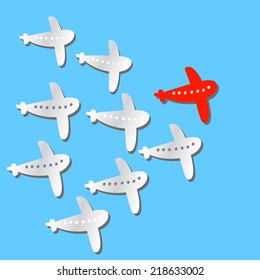 Leader Travel concept illustration: one red airplane flying first and some white airplanes behind it. On blue background. Vector flat illustration. As design element, clip art.