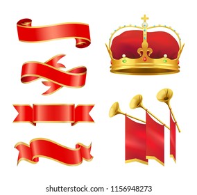 Leader velvet crown with gold band, fanfare musical instrument with flag and glossy ribbons. Vector heraldic symbols isolated for ceremonial event.