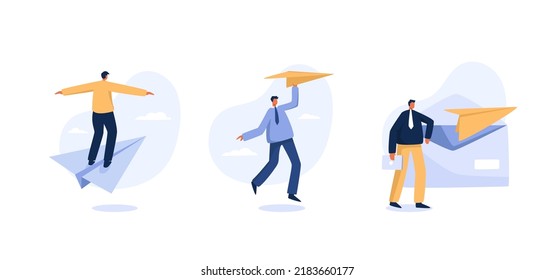Leader vision. achieving a goal, the path to success is motivation, career advancement, search for ideas. Business man and paper plane.  flat character.