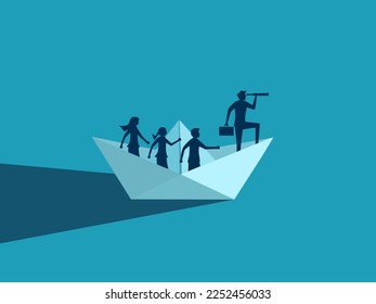Leader vision. Businessman using binoculars on paper boat