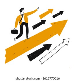 Leader with vision stands on a large orange arrow and charged ahead, Vector illustration in sketch doodle style.