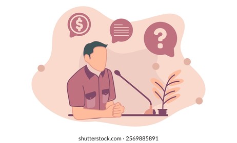 The leader who was speaking in front of the microphone, expressed a good statement. Vector illustration in flat design style