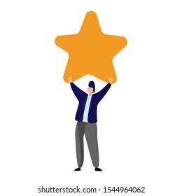 Leader winning prize. Man showing gold star flat vector illustration. Leadership, award, success concept for banner, website design or landing web page