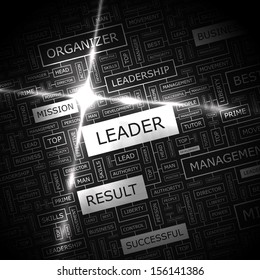 LEADER. Word cloud concept illustration. Graphic tag collection. Wordcloud collage with related tags and terms. 