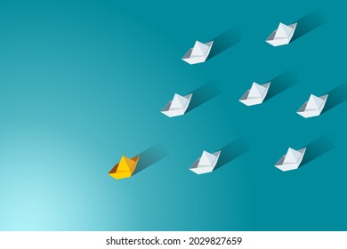 Leader with a yellow paper boat leads a group of white boats. business leadership. Vector illustration.
