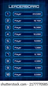 Leaderboard design with neon borders on blue futuristic background. List of ten players with a score. Space design for mobile application. Eps10 vector