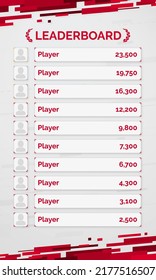 Leaderboard Design With Red And White Diagonal Rectangles On A Background. List Of Ten Players With Score. Golden, Silver, Bronze Avatar Frames. Eps10 Vector