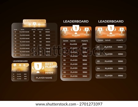 Leaderboard glassmorphism UI orange theme with glowing transparent panels, ranking table, and best player highlight for modern game interface design.