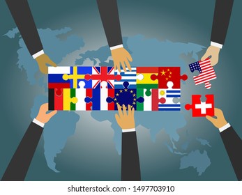 
Leaders of countries around the world are connecting the national flag jigsaw. With a world map and a blue background.Various national cooperation