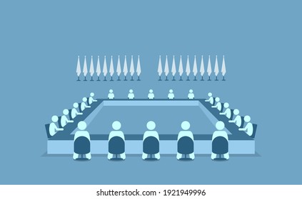 Leaders From Different Countries Sitting Together To Meet And Discuss About Important Matters. Vector Illustrations Depict Global Meeting, Conference Group, International Issue, And Council Meeting.