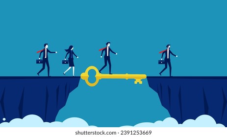 Leaders find ways to achieve their goals. Businessman manager uses keys as a bridge to bridge the cliff gap 