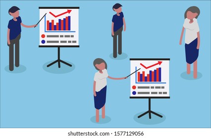 Leaders giving presentation flat character. Woman and man presenting project cartoon illustration. Office worker near whiteboard with graphs diagrams.  