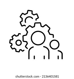 Leaders group for process management icon, optimization operation, fix strategy industry, transmission gear wheel, thin line simple web symbol on white background, editable stroke vector illustration