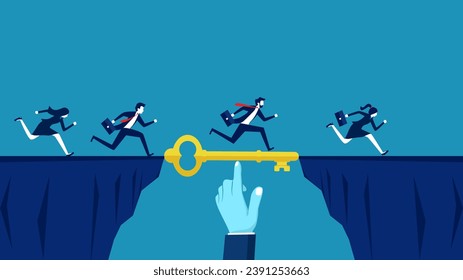 Leaders help businesses advance. Businessman manager uses keys as a bridge to bridge the cliff gap 