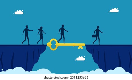 Leaders help businesses advance. Businessman manager uses keys as a bridge to bridge the cliff gap 
