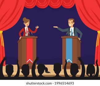 Leaders of Opposing Political Parties Talking on Public Debates, Politicians Standing Behind Rostrum and Giving Speech in front of Audience Vector Illustration