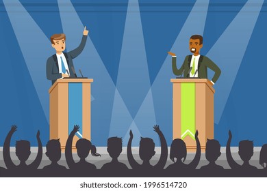 Leaders of Opposing Political Parties Talking on Public Debates, Politicians Standing Behind Rostrum and Giving Speech Vector Illustration