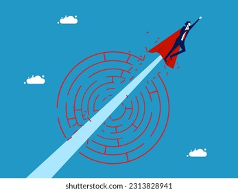 Leaders overcome obstacles and problems. Businessman hero flies through the maze