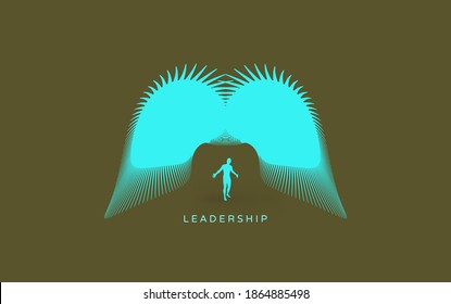 Leadership. Abstract wings fly over a man. Idea inspiration concept. Creative fantasy freedom. Cover design template. 3d vector illustration.