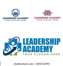 Leadership Academy Logo With A Describe People Pen Arrow And Medical Cross Blue Red Line Art Vector Suitable For Education Healthcare Development Training