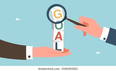 Leadership for achieve business goals, teamwork motivation for high results, partnership to overcome obstacles or receive rewards, brainstorm for accuracy in goal setting, team analyzes goal.