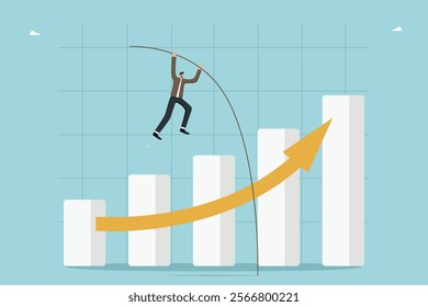 Leadership to achieve highest result, find the right strategy and business prosperity, mentoring to achieve business goals and win, growth and development, man with pole vault jumps to top of chart.