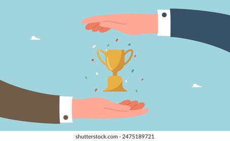 Leadership to achieve highest result, teamwork to find the right strategy and business prosperity, cooperation and partnership to achieve goals and win, large hands protect the winning trophy.
