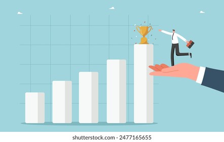 Leadership to achieve highest result, teamwork to find right strategy and business prosperity, cooperation and partnership to achieve goals and win, big hand helps man reach trophy on top of graph.