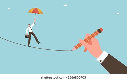 Leadership to achieve highest result, teamwork to find the right strategy and business prosperity, mentoring to achieve business goals and win, large hand drawing the rope on which the man is walking.