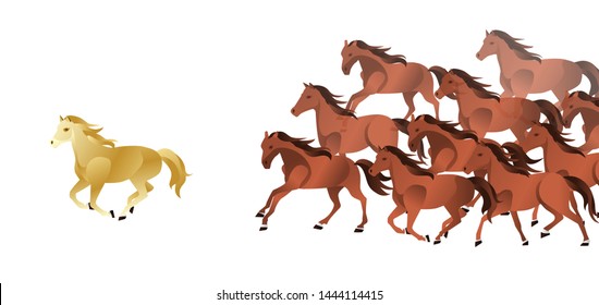 Leadership achievement, victory and dream achievement. The golden horse stands out from the herd society, always leading the way ahead. vector illustration
