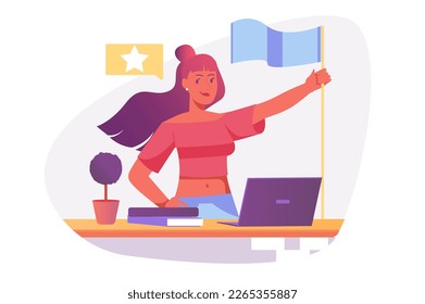 Leadership Asian concept with people scene in the flat cartoon style. Woman has assumed the duties of a manager and leads her team to victory. Vector illustration.