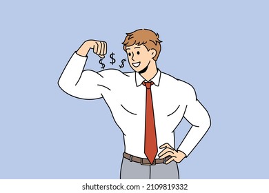 Leadership authority and strength concept. Young smiling businessman in white shirt standing and showing strong biceps meaning business success and financial profit vector illustration 