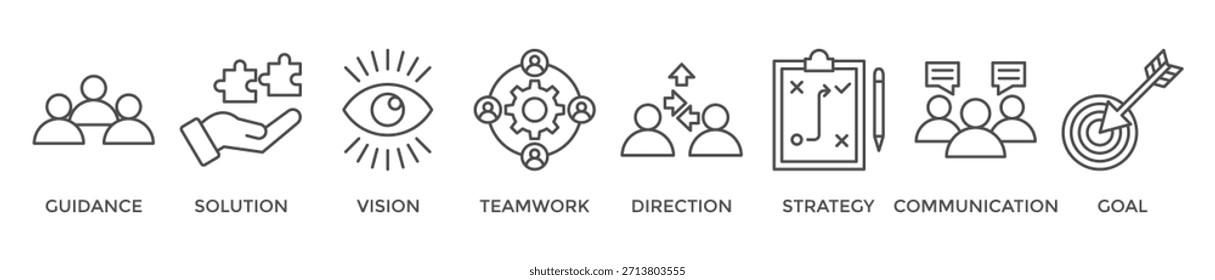 Concepto de Ilustración vectorial de ícono de Web de Anuncio de liderazgo para la gestión de equipos con un ícono de guía, solución, visión, trabajo en equipo, dirección, estrategia, comunicación y objetivo