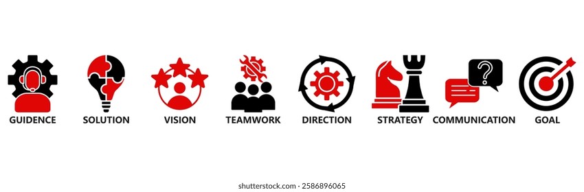 Leadership Banner web : Vector Icon Illustration Concept for Team Management Featuring Guidance, Solutions, Vision, Teamwork, Direction, Strategy, Communication, and Goals
