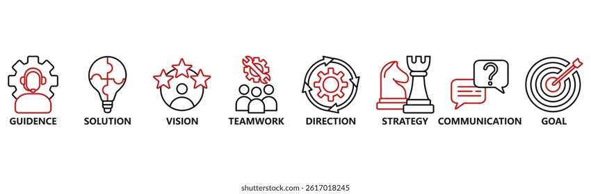 Leadership Banner web : Vector Icon Illustration Concept for Team Management Featuring Guidance, Solutions, Vision, Teamwork, Direction, Strategy, Communication, and Goals
