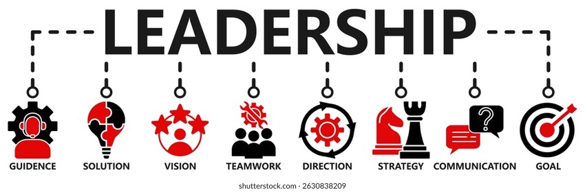 Leadership Banner web : Vector Icon Illustration Concept for Team Management Featuring Guidance, Solutions, Vision, Teamwork, Direction, Strategy, Communication, and Goals