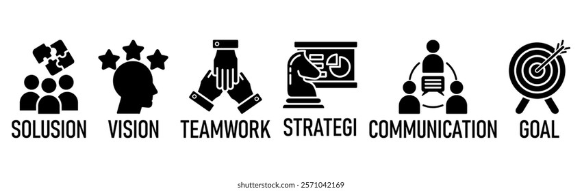Leadership benner web icon vector illustration concept with icon of solusion, vision, teamwork, strategi, communication, goal