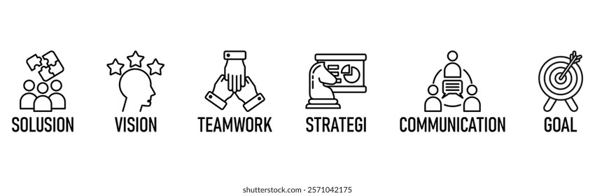Leadership benner web icon vector illustration concept with icon of solusion, vision, teamwork, strategi, communication, goal