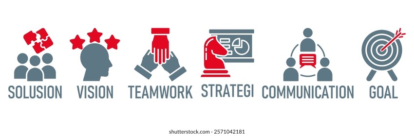 Leadership benner web icon vector illustration concept with icon of solusion, vision, teamwork, strategi, communication, goal