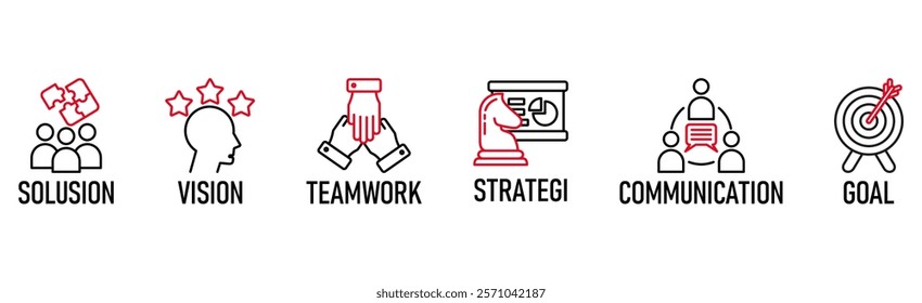 Leadership benner web icon vector illustration concept with icon of solusion, vision, teamwork, strategi, communication, goal