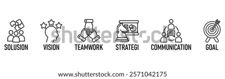 Leadership benner web icon vector illustration concept with icon of solusion, vision, teamwork, strategi, communication, goal